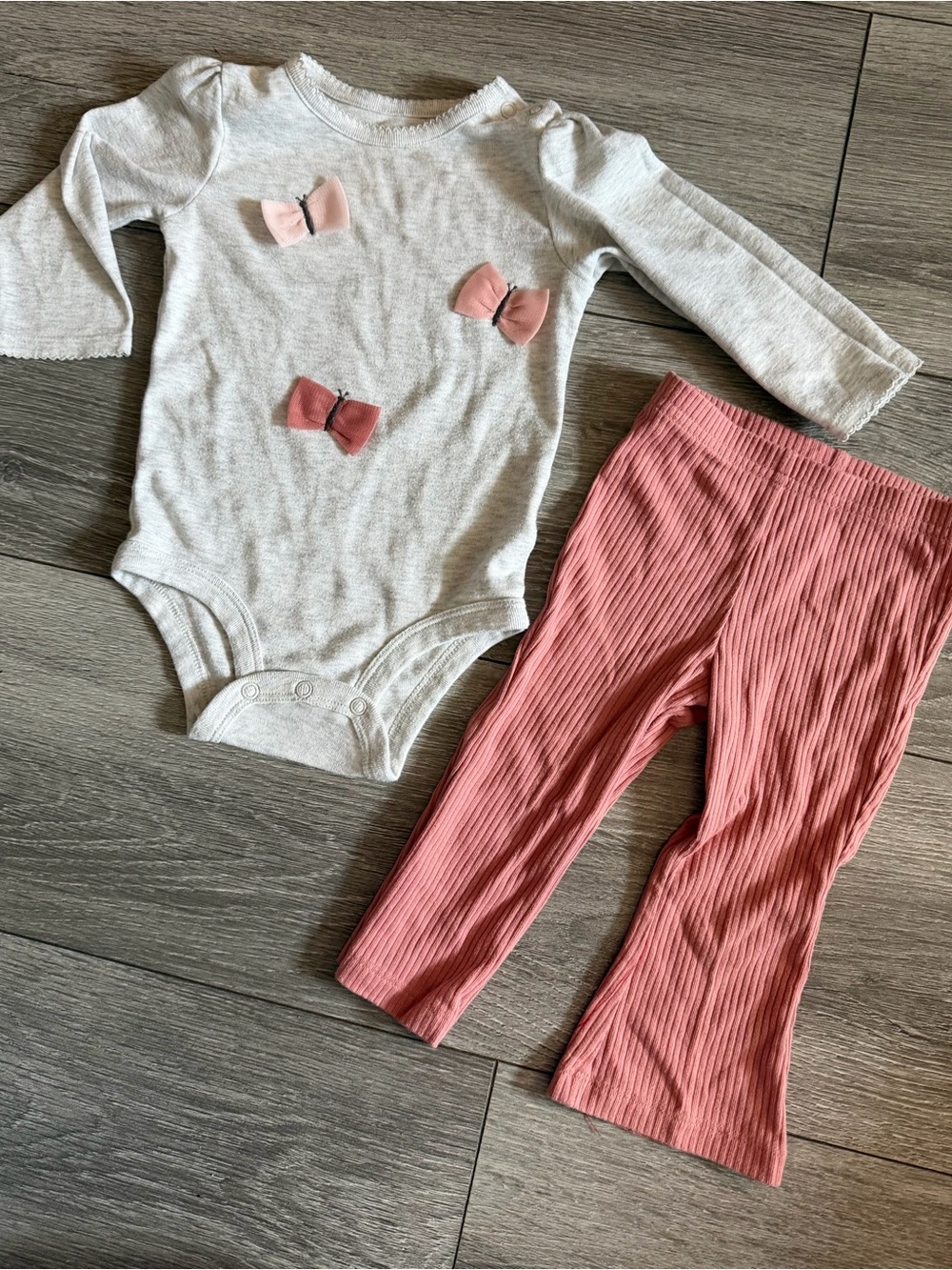 Carter's Cream Bodysuit with Pink Bow Accents & Dusty Rose Ribbed Pants